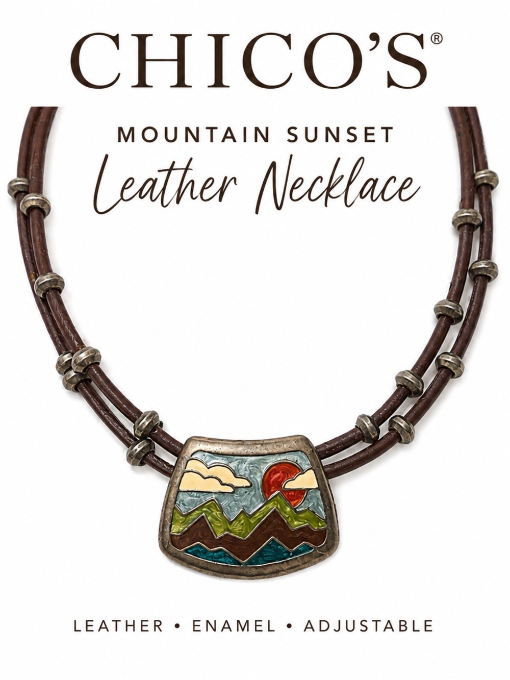 Chico’s Vintage Mountain Sunset Enamel Pendant Leather Cord Necklace Western